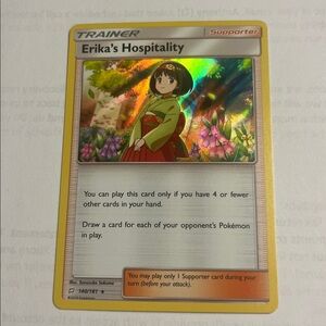 Vintage Erika's Hospitality rare holo pokemon Trainer Card 140/181. Sun & Moon